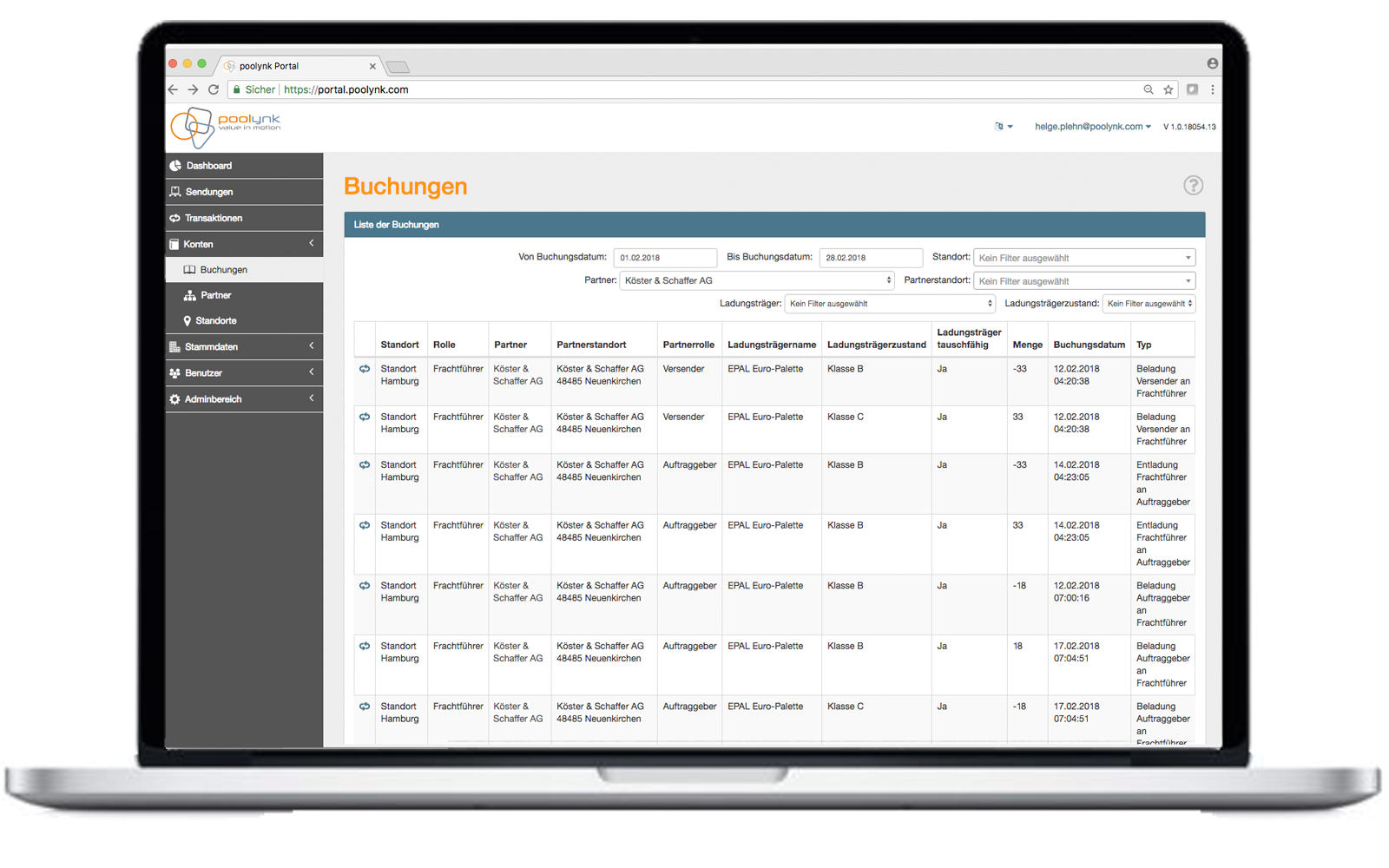 poolynk Web-Portal – Ansicht der Kontostände und des Buchungsjournals der Ladungsträger